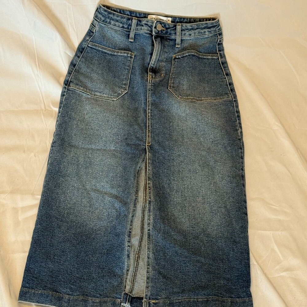 Just Black Denim Midi Skirt Medium Wash Front Slit Size S